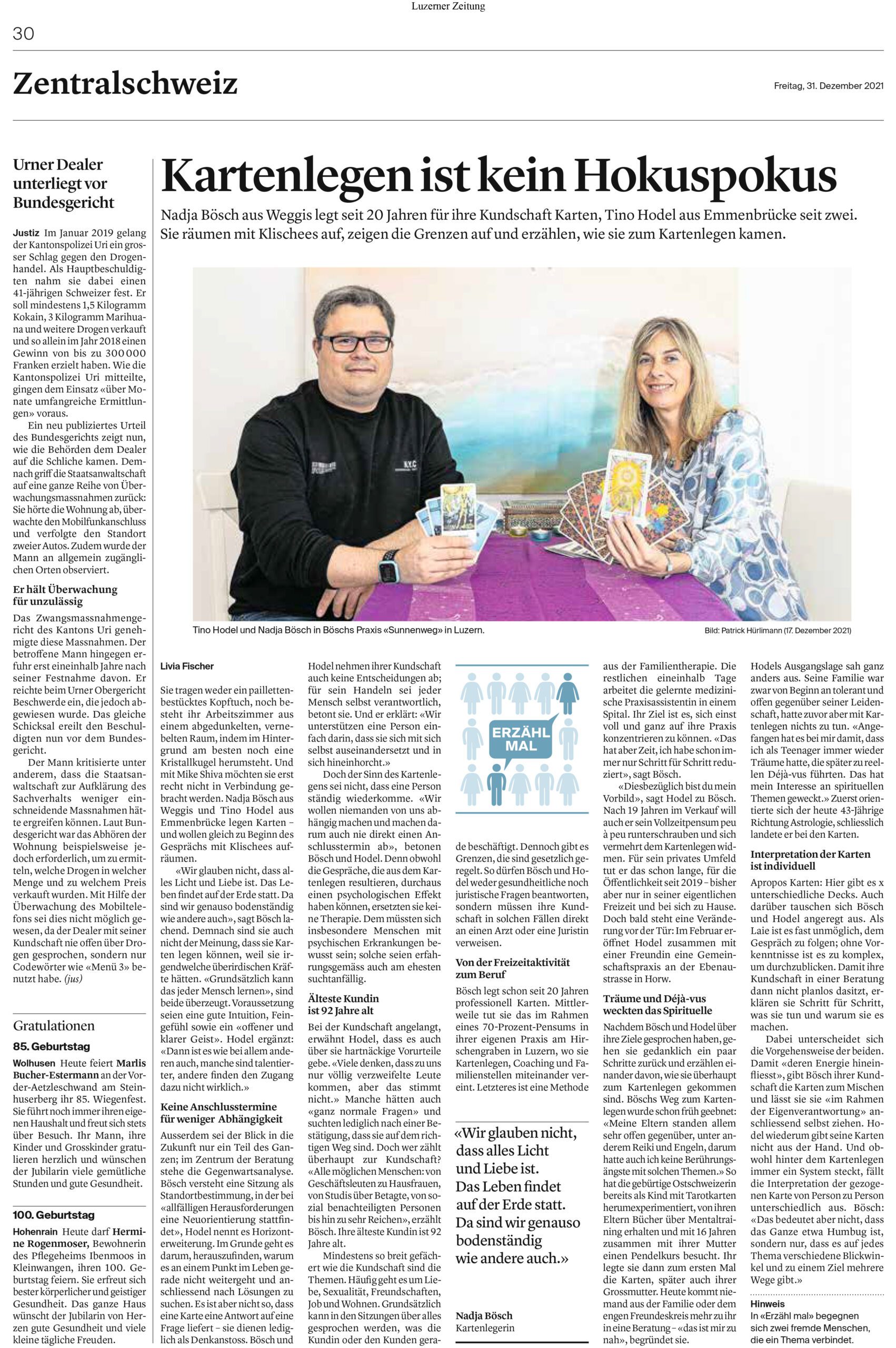 Zeitungsartikel Luzerner Zeitung Kartenlegen Tarot Nadja Bösch